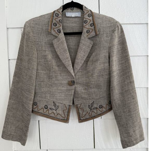 VTG Platinum Dorothy Schoelen 8 Petite Embroidered Linen Blazer Western Artisan - Picture 1 of 11